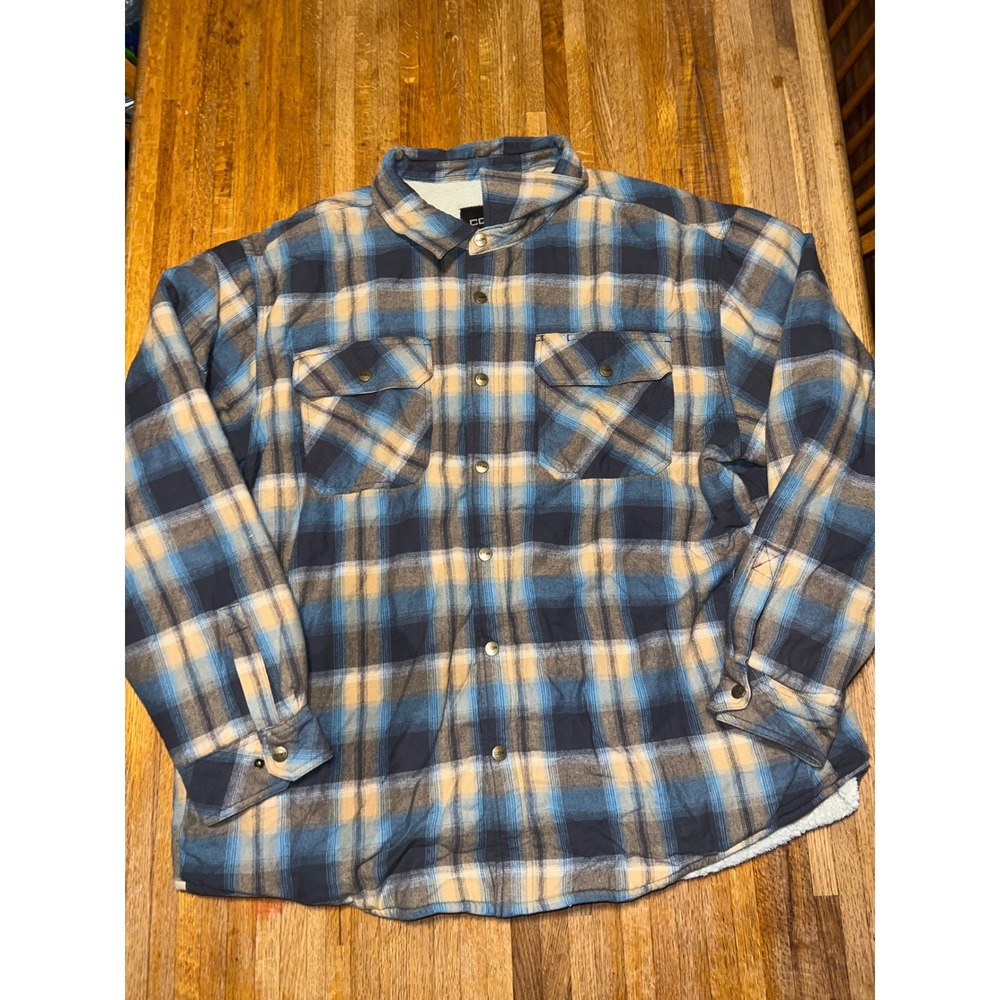 CQR Mens 3XL Blue Tan Plaid Flannel Sherpa Lined Snap Front Warm Shirt Jacket